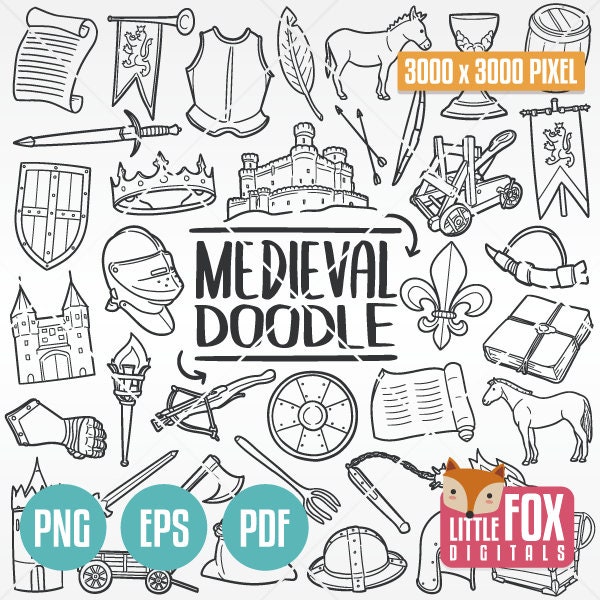MEDIEVAL, Middle Age Weapons Knight. Castle Tools Doodle Set. Icons Clipart Scrapbook. King Medieval Drawn Doodle Clip Art Coloring Sketch.