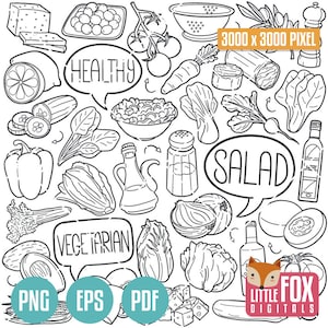 Icônes vectorielles de salade doodle. Recette de régime alimentaire sain de nutrition végétarienne. Oeuvre d'art végétarienne dessinée à la main. Laitue Clipart gribouillis croquis à colorier.