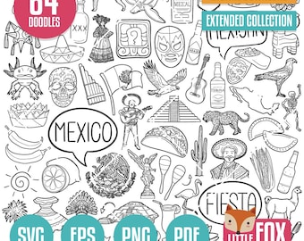 MEXICO SVG, doodle icon vectors. Mexican vector set. Hand Drawn Culture Clipart Designs. Line Art Illustration Coloring Country Tradition.