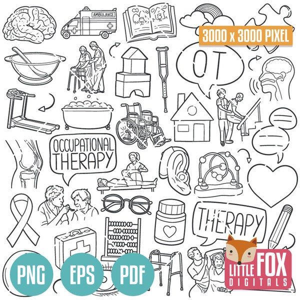 OCCUPATIONAL THERAPY, doodle vector icons. Therapy Doodle Icons Clipart. OT Hand Drawn Line Art. Ergotherapy Design Clip Coloring Sketch.