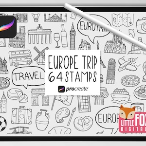 EUROPE STAMPS, Procreate Brushes, Vacation Icons, Travel Bundle Doodles. Traveling Clipart Digital Sticker Planner Scrapbook Set Coloring.