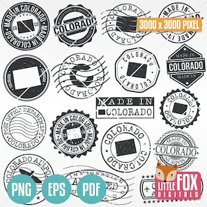 COLORADO Stamps, CO USA Set of Postmark. Made in Seal Travel Passport Postage. Made in Colorado Map Silhouette Clipart Digital Illustration.