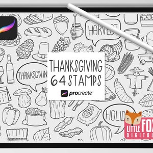 THANKSGIVING STAMPS, Procreate Brushes, Harvest Icons, Fall Bundle Doodles. Turkey Clipart Digital Sticker Planner Scrapbook Set Coloring.
