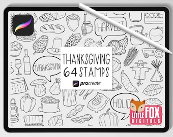 THANKSGIVING STAMPS, Procreate Brushes, Harvest Icons, Fall Bundle Doodles. Turkey Clipart Digital Sticker Planner Scrapbook Set Coloring.
