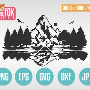 Escena de pesca en un lago SVG. Diseño recortable. Silueta recortable de un pescador en un bote. Reflejo de montaña en el agua. Silueta vectorial.