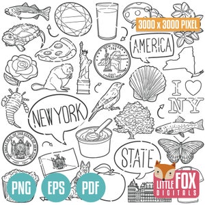 NEW YORK NY simboli dello stato. Clipart dello stato americano. Albany Buffalo Rochester icone scarabocchio. Album. Linea disegnata a mano arte. Design set opera d'arte