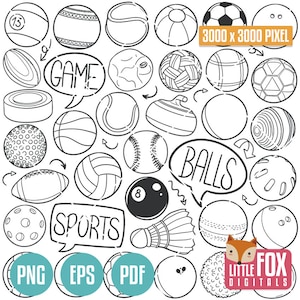 BALLES DE SPORT, icônes vectorielles doodle. Jeu d'activités Doodle icônes Clipart joueur sport ensemble à colorier conception de croquis de gribouillage numérique dessinés à la main.