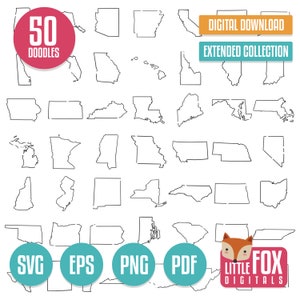 Carte d'état SVG, icônes vectorielles de doodle de carte d'état Clip Art. USA Doodle icônes Clipart. Ligne américaine dessinée à la main. Conception des États-Unis d'Amérique.