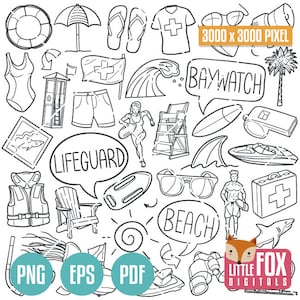 SALVAVIDAS, iconos vectoriales Baywatch Doodle. Conjunto de álbumes de recortes de imágenes prediseñadas de iconos de playa de verano Arte lineal dibujado a mano. Diseño de conjunto de ilustraciones, imágenes prediseñadas para colorear.