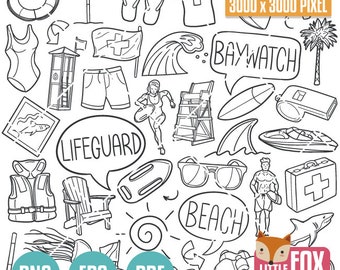 May include: Black and white line art illustration of a beach scene with various objects including a lifeguard chair, a surfboard, a lifeguard, a life vest, a beach umbrella, a beach chair, a wave, a shark, a pair of sunglasses, a first aid kit, a whistle, binoculars, a lifeguard flag, a lifeguard sign, a beach sign, a palm tree, flip flops, and the text "BAYWATCH" and "LIFEGUARD".