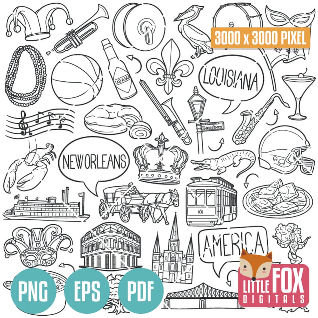 New orleans louisiana doodle icons travel america tourism culture