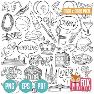 NEW ORLEANS, Louisiana DOODLE-pictogrammen. Reizen Amerika Toerisme. Cultuur en symbolen. Pictogrammen Clipart Plakboek. Handgetekend lijntekeningenontwerp instellen.
