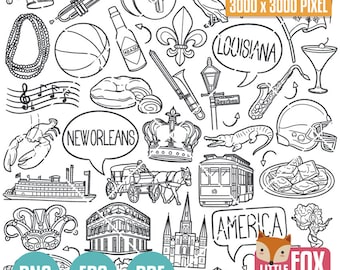 NEW ORLEANS, Louisiana DOODLE Icons. Travel America Tourism. Culture and Symbols. Icons Clipart Scrapbook. Set Hand Drawn Line Art Design.