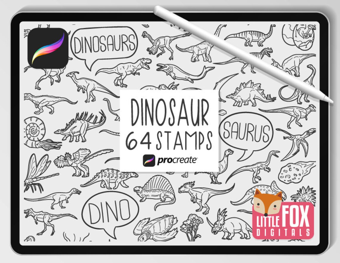 DINOSAUR STAMPS, Procreate Brushes, Dino Icons, Saurus Bundle Doodles ...