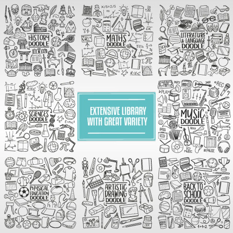 May include: A black and white doodle illustration of various school subjects, including history, maths, science, music, literature, physical education, art, and back to school. The illustration is divided into nine squares, each representing a different subject. The text "EXTENSIVE LIBRARY WITH GREAT VARIETY" is written in a blue box in the centre of the image.