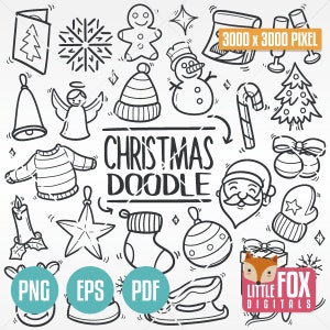 BUON NATALE, icone scarabocchiate. Concept Art delle festività invernali, icone scarabocchiate dei cartoni animati, clipart. Colorazione, schizzo di scarabocchio disegnato a mano, linea artistica.