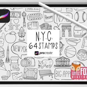 SELLOS de Nueva York, pinceles Procreate, íconos de viajes de Nueva York, garabatos de paquetes de Nueva York. Landmark Usa Clipart Digital Sticker Scrapbook Set para colorear.