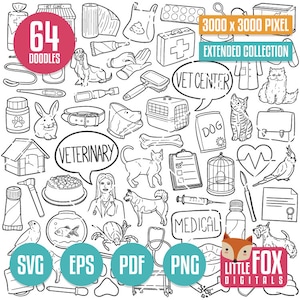 VETERINARY SVG doodle vector icons. VET Clinic Clipart. Pet Animals Doctor Set Hand Drawn Sketch Line Coloring. Doctor Colection Design.