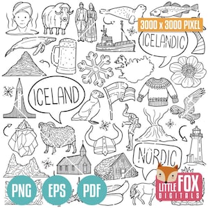May include: Black and white line art illustration featuring Icelandic and Nordic themed elements. Includes a Viking helmet, a puffin, a sweater, a church, a lighthouse, and the words "ICELAND" and "NORDIC" in speech bubbles.
