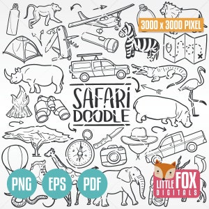 SAFARI Afrika Tiere, Abenteuer Doodle Icons Clipart Scrapbook. Handgezeichnete Skizze Line Art Färbung Handgezeichnete Linie Kunst Skizze Scrapbooking.