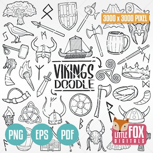 Könnte beinhalten: Schwarz-weiß-Linienzeichnung von Wikinger-Symbolen, Waffen und Gegenständen. Die Illustration umfasst einen Schild, eine Axt, ein Schwert, einen Helm, eine Krone und ein Wikingerschiff. Der Text "VIKINGS DOODLE" ist in der Abbildung enthalten.