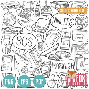 Años 90, conjunto de iconos de años. Álbum de recortes de imágenes prediseñadas de iconos de los noventa. 1990 Objetos de tecnología retro dibujados a mano. Dibujo para colorear de imágenes prediseñadas de Doodle.