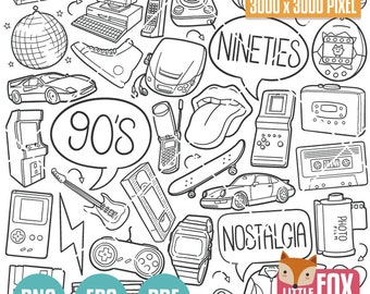 90's, Years Icons Doodle Set. Nineties Icons Clipart Scrapbook. 1990 Retro Technology Objects Hand Drawn. Doodle Clip Art Coloring Sketch.