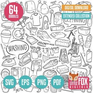CLEANING SVG Doodle Vector Icons. Homeworks Doodle Symbols Clip art. Set Clean Tools Labors Illustration Hand Drawing Line Scribble Design.