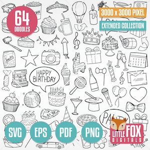 JOYEUX ANNIVERSAIRE, SVG Icônes vectorielles de fête doodle. Célébration anniversaire Doodle icônes Clipart. Illustrations à colorier croquis dessinés à la main gribouillage.