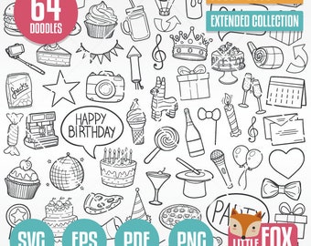 HAPPY BIRTHDAY, SVG Party Gekritzel- Vektor-Icons. Feier-Jubiläum Doodle Icons Clipart. Kunstwerk Färbung Hand gezeichnete Skizze Gekritzel.