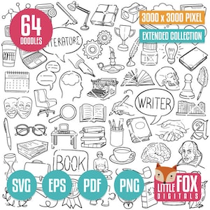 SCHRIJVER SVG doodle vector iconen illustraties. Schrijf boek auteur Doodle iconen Clipart. Handgetekende lijn schrijven. Bibliotheek ontwerp kleurschets.