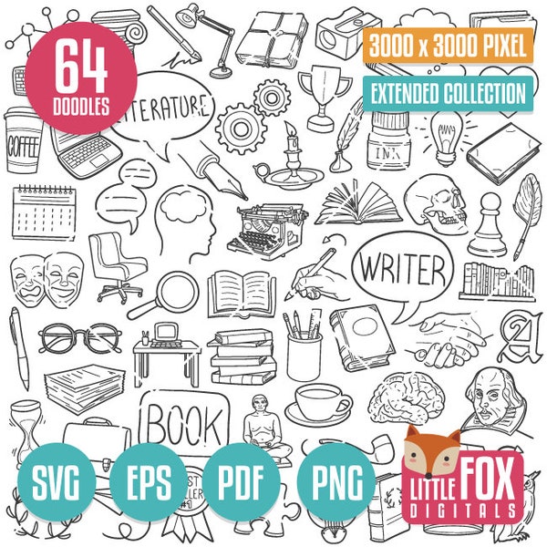 WRITER SVG doodle vector icons Clip Art. Write Book Author Doodle Icons Clipart. Writing Hand Drawn Line. Library Design Coloring Sketch.