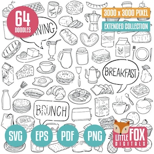 DESAYUNO SVG, iconos vectoriales de garabatos. Almuerzo Comida Rápida Lanzamiento Clipart De Cocina. Buenos días, set, brunch, colorear, mano, dibujado, garabato, sketch.