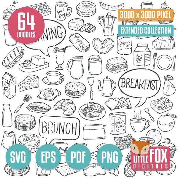 BREAKFAST SVG, doodle vector icons. Lunch Fast Food Launch Cooking Clipart. Good Morning Set Brunch Coloring Hand Drawn Scribble Sketch.