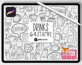 Sellos de bebidas, pinceles para Procreate, iconos de bebidas alcohólicas, garabatos de refrescos. Planificador digital de pegatinas para cócteles, álbum de recortes para colorear.