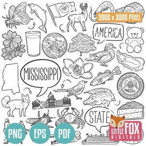 Symboles de l&#39;État du Mississippi. Clipart d&#39;état américain. Doodle d&#39;icônes traditionnelles MS. Ensemble de scrapbooking. Ligne dessinée à la main des États-Unis. Ensemble de conception d&#39;illustrations.
