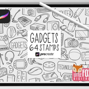 Puede incluir: Una ilustración digital en blanco y negro de 64 gadgets diferentes, incluyendo una computadora, una cámara, un teléfono y auriculares. La ilustración se titula "Gadgets 64 Stamps" e incluye el logotipo de Procreate. La ilustración está rodeada por un borde blanco y un fondo negro.