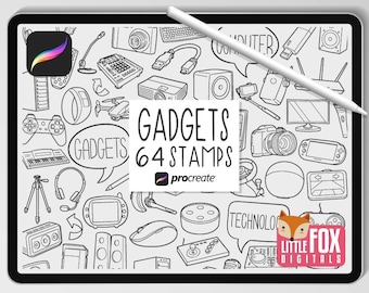 TECNOLOGY STAMPS, Procreate Brushes, Devices Icons, Computer Bundle Doodles. Smart Tech Digital Sticker Electronics Scrapbook Set Coloring.