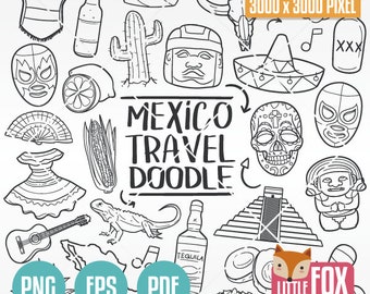 MEXICO Travel Icons, America, Friends and Family Trip Holidays Summer Doodle Icons Clipart Scrapbook Coloring Line Art Hand Drawn Sketch.
