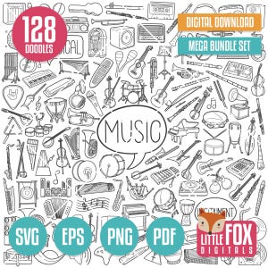 MEGA BUNDLE MUSIC Svg doodle vector icons. Instruments Illustration Clipart, Collection Set Hand Drawn Line Art, Design Coloring Sketch.