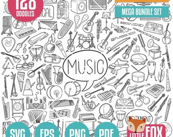 MEGA BUNDLE MUSIC svg Doodle Vektor-Icons. Instruments Illustration Clipart, Sammlungs-Set Hand Gezeichnet Line Art, Design Färbung Skizze.