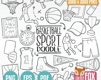 May include: Black and white doodle illustrations of basketball sports equipment, including a basketball, hoop, whistle, jersey, sneakers, and a trophy. The text "BASKETBALL SPORT DOODLE" is written in the center of the image.