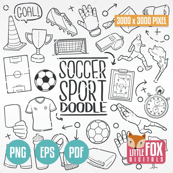 PIŁKA NOŻNA, SPORT Doodle ikony. Gra Clipart Scrapbook Set Kolorowanka Line Art Rysowane ręcznie. Kolekcja Scribble Sketch Scrapbooking.