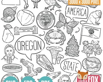Op de afbeelding: Zwart-witte lijntekening van verschillende symbolen en pictogrammen die de staat Oregon vertegenwoordigen. De illustratie bevat een kaart van Oregon, een bever, een krab, een zalm, een peer, een paddenstoel, een vlinder, een vogel, een kristal, een berg, een boom, een bloem, een staatszegel en de tekst "Oregon" en "Staat Oregon".