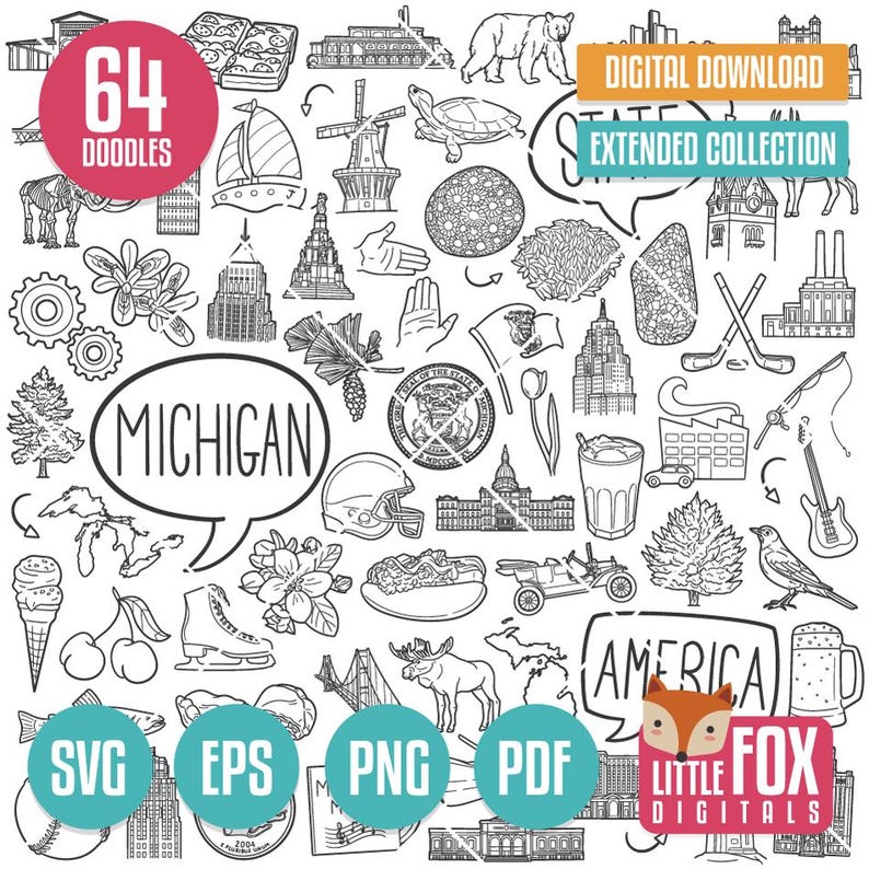 Michigan Icon Set MICHIGAN SVG Doodle Vector Icons Clip Art. Detroit Doodle Icons Clipart ...