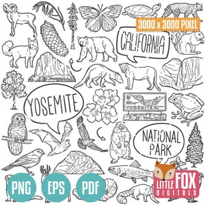 YOSEMITE, doodle vector icons. National Parks Clipart, Animals Clip Art, California Set Artwork Coloring Hand Drawn Scribble Sketch.