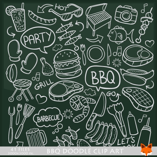 Chalkboard BBQ Day Barbecue Doodle Icons Clipart Scrapbook Set Hand Drawn Collection Line Art Scribble Sketch