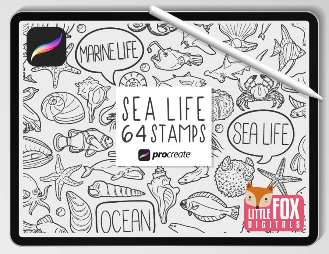 SEA ANIMALS STAMPS, Procreate Brushes, Ocean Icons Bundle Doodles ...