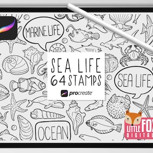 SEA ANIMALS STAMPS, Procreate Brushes, Ocean Icons Bundle Doodles. Faune Marine Creatures Clipart Digital Planner Scrapbook Set Coloring.