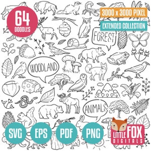 May include: A black and white illustration of 64 woodland doodles, including animals, plants, and other nature-themed elements. The doodles are arranged in a random pattern and include text that says "64 Doodles", "Woodland", "Forest", "Animals", "SVG", "EPS", "PDF", "PNG", "Little Fox Digitals", and "3000 x 3000 Pixel Extended Collection".